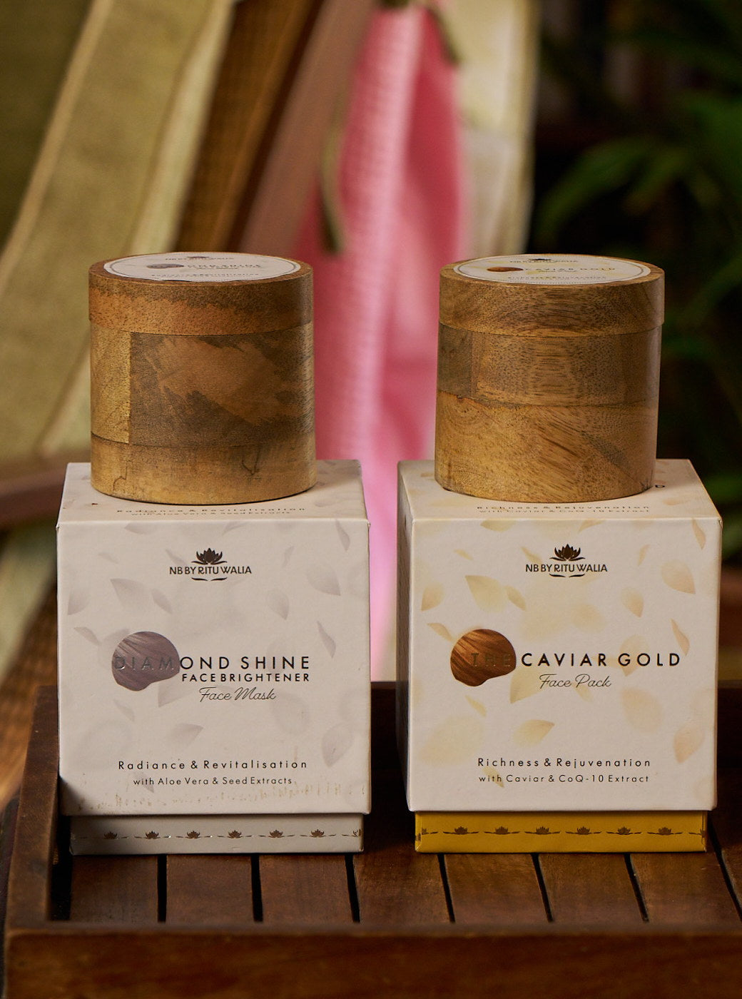 Diamond & Caviar Set — Diamond Shine Face Brightener and The Caviar Gold Face Pack in their boxes, mango-wood jars above