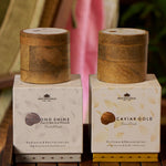 Diamond & Caviar Set — Diamond Shine Face Brightener and The Caviar Gold Face Pack in their boxes, mango-wood jars above