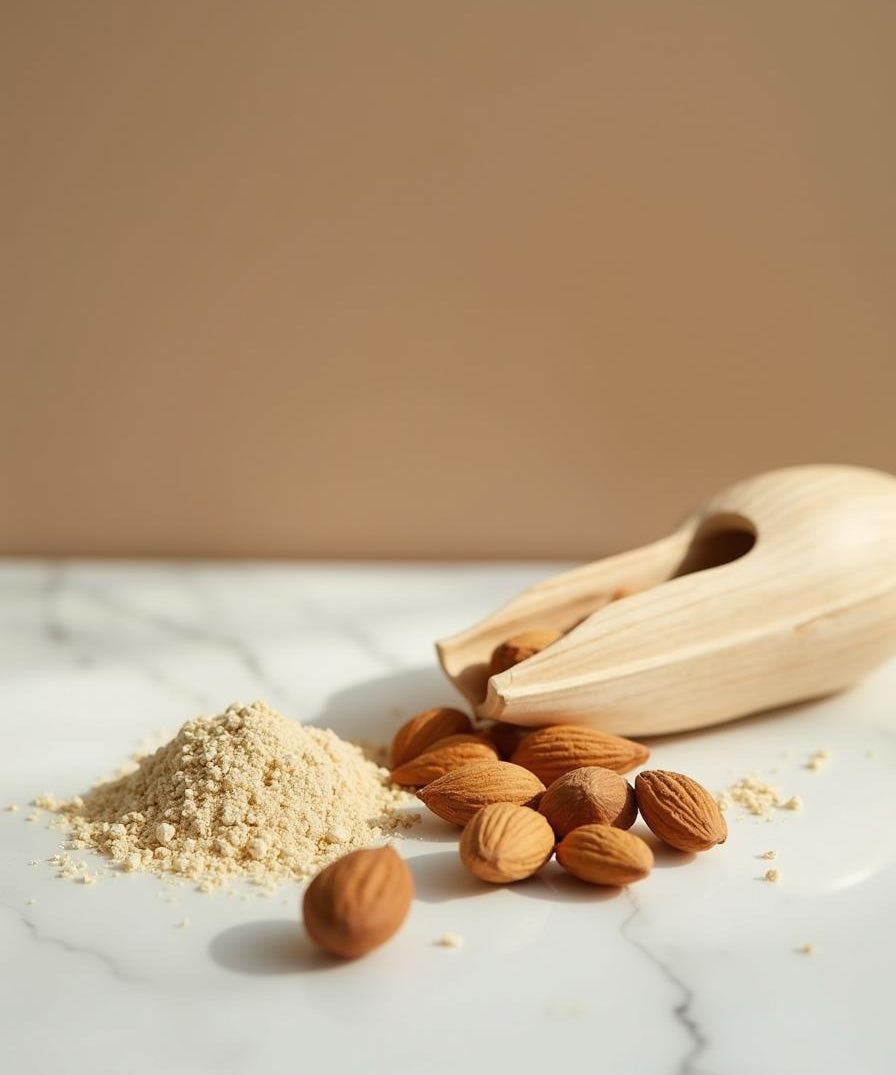 Raw almonds and stone-ground almond meal on marble - ingredient in Diamond Shine Face Brightener