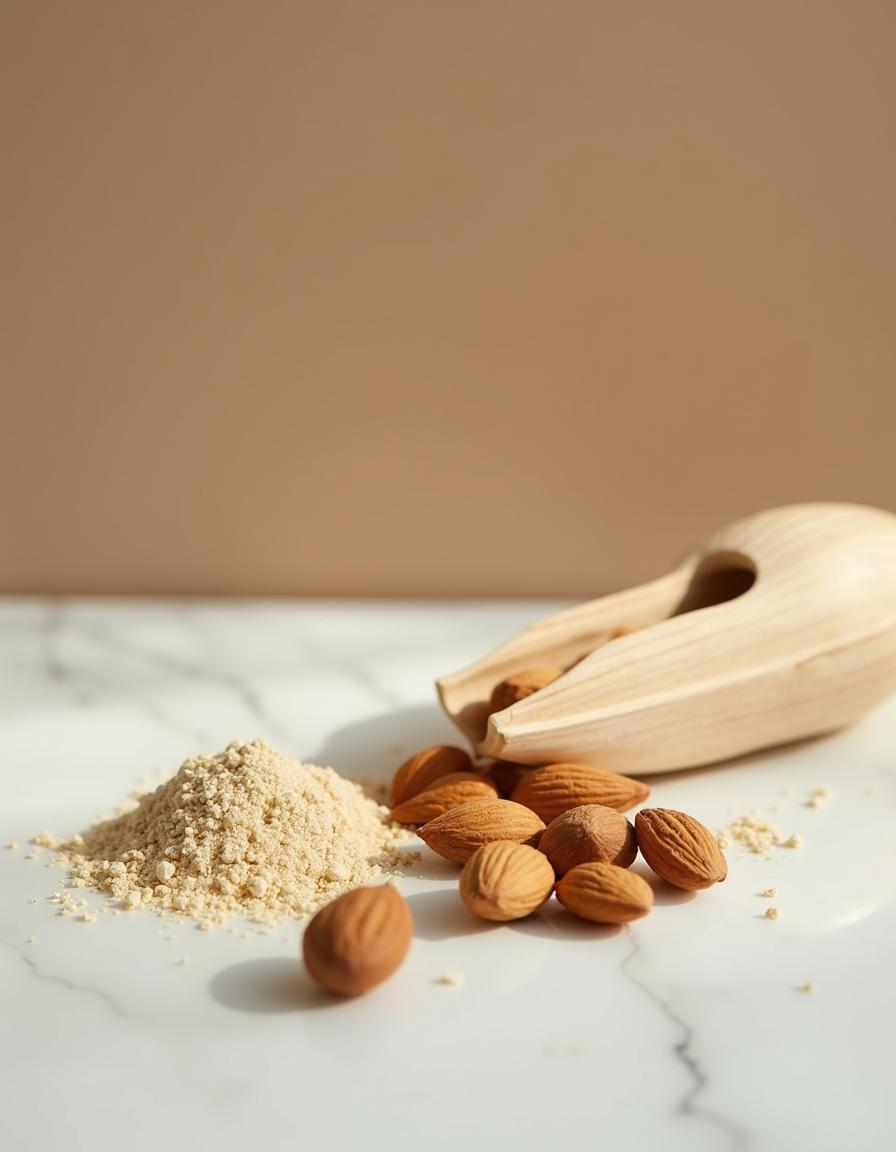 Raw almonds and stone-ground almond meal on marble - ingredient in Diamond Shine Face Brightener