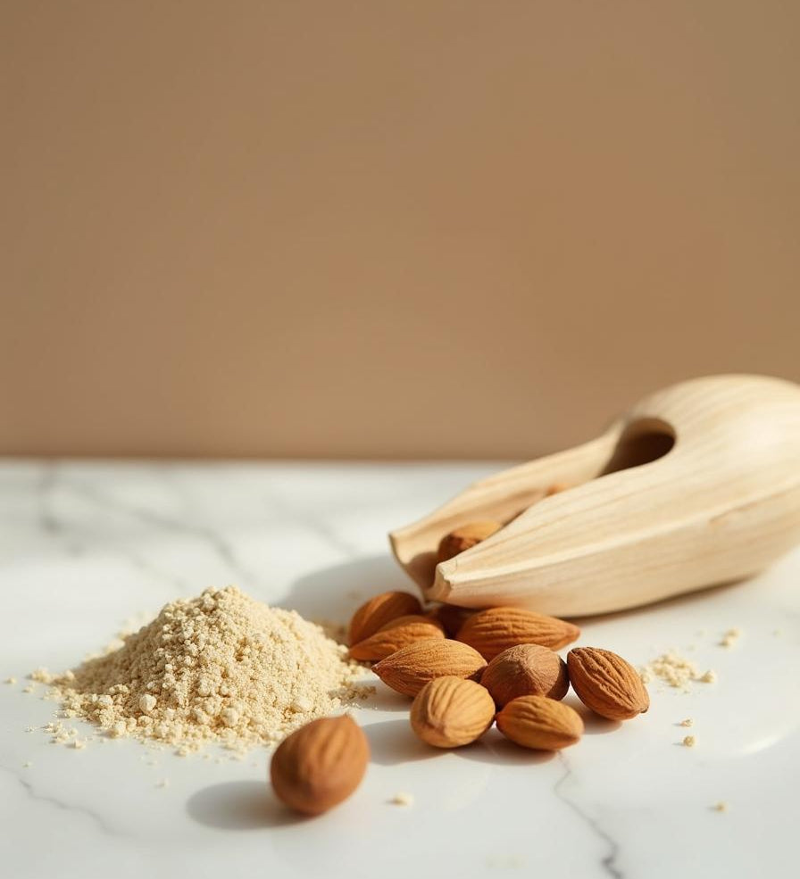 Raw almonds and stone-ground almond meal on marble - ingredient in Diamond Shine Face Brightener
