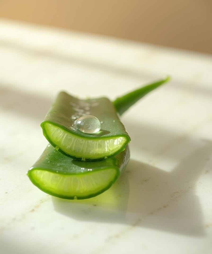 Fresh aloe vera leaf cut to show clear gel on marble - ingredient in NB by Ritu Walia face packs