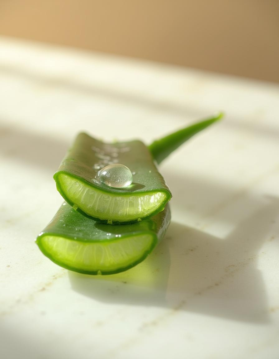 Fresh aloe vera leaf cut to show clear gel on marble - ingredient in NB by Ritu Walia face packs