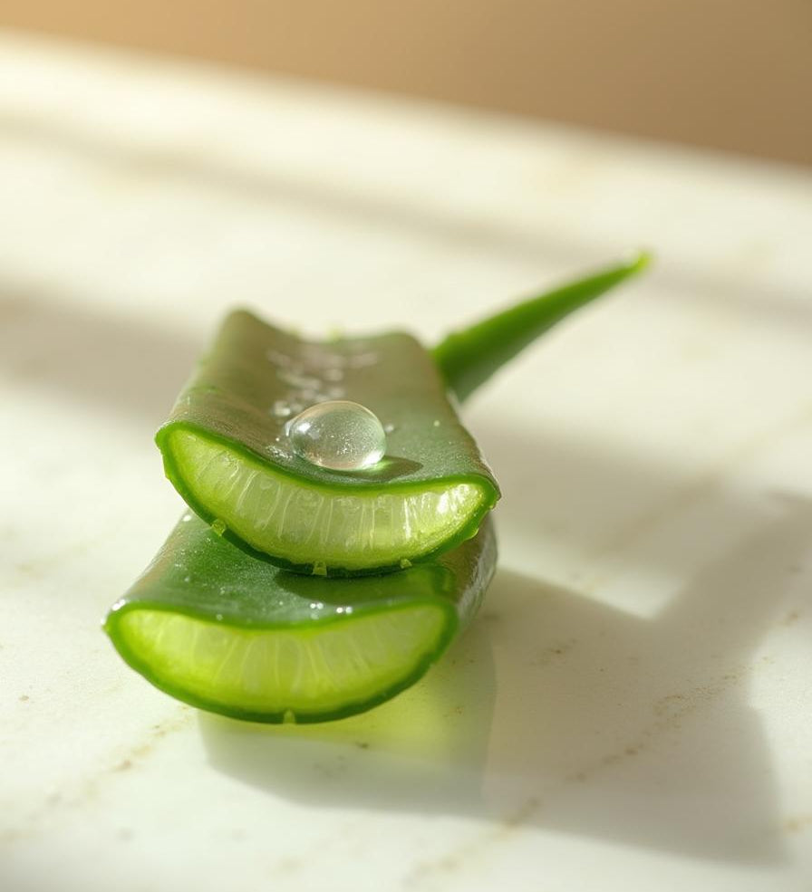 Fresh aloe vera leaf cut to show clear gel on marble - ingredient in NB by Ritu Walia face packs