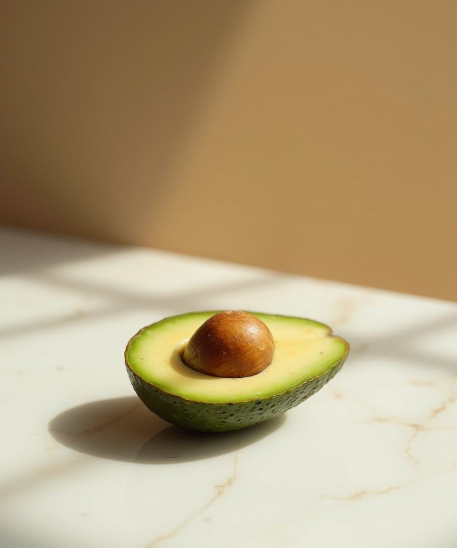Fresh avocado halved on marble - ingredient in NB by Ritu Walia face packs