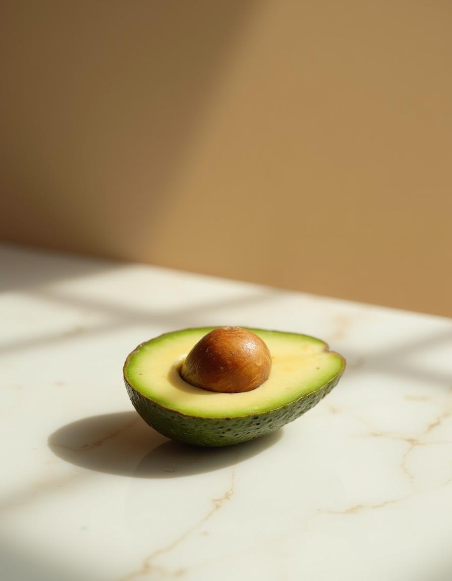 Fresh avocado halved on marble - ingredient in NB by Ritu Walia face packs