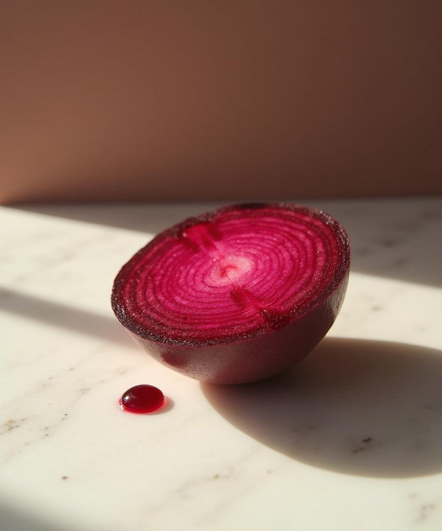 Raw beetroot halved showing crimson rings on marble - ingredient in Rose Pink Face Tightener