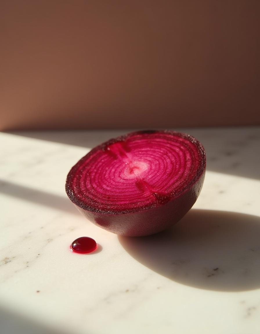 Raw beetroot halved showing crimson rings on marble - ingredient in Rose Pink Face Tightener