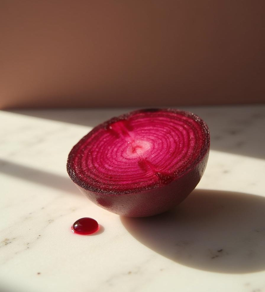 Raw beetroot halved showing crimson rings on marble - ingredient in Rose Pink Face Tightener