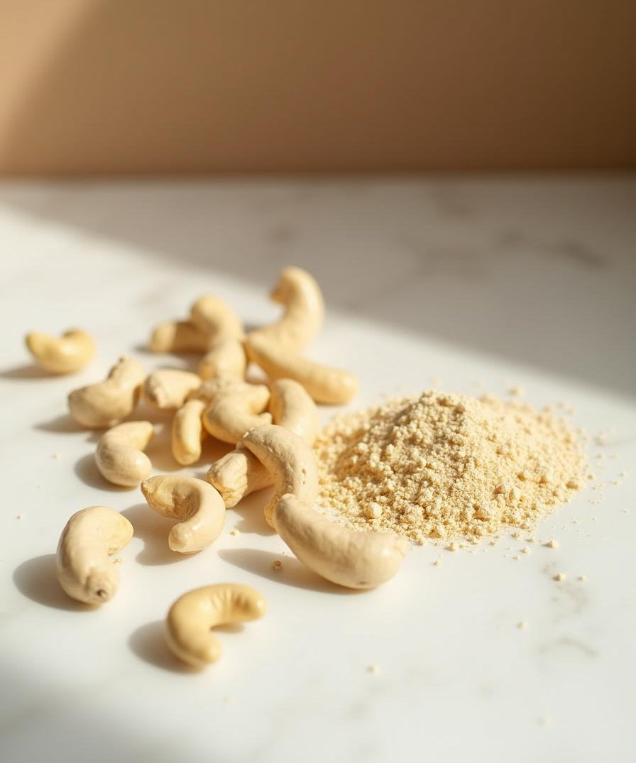 Raw cashew nuts and stone-ground cashew meal on marble - ingredient in Diamond Shine Face Brightener