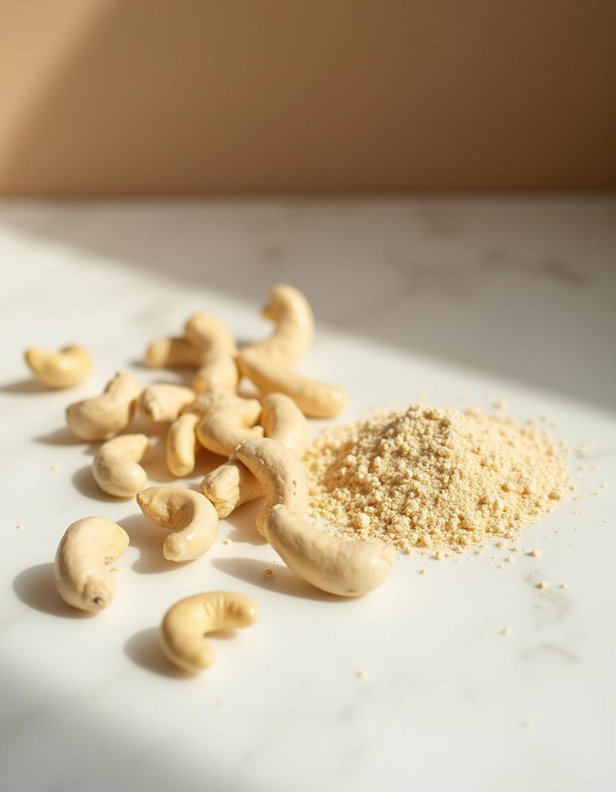 Raw cashew nuts and stone-ground cashew meal on marble - ingredient in Diamond Shine Face Brightener