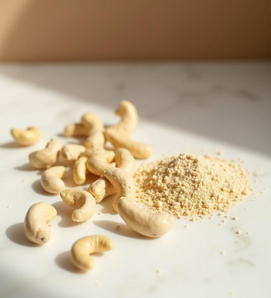 Raw cashew nuts and stone-ground cashew meal on marble - ingredient in Diamond Shine Face Brightener