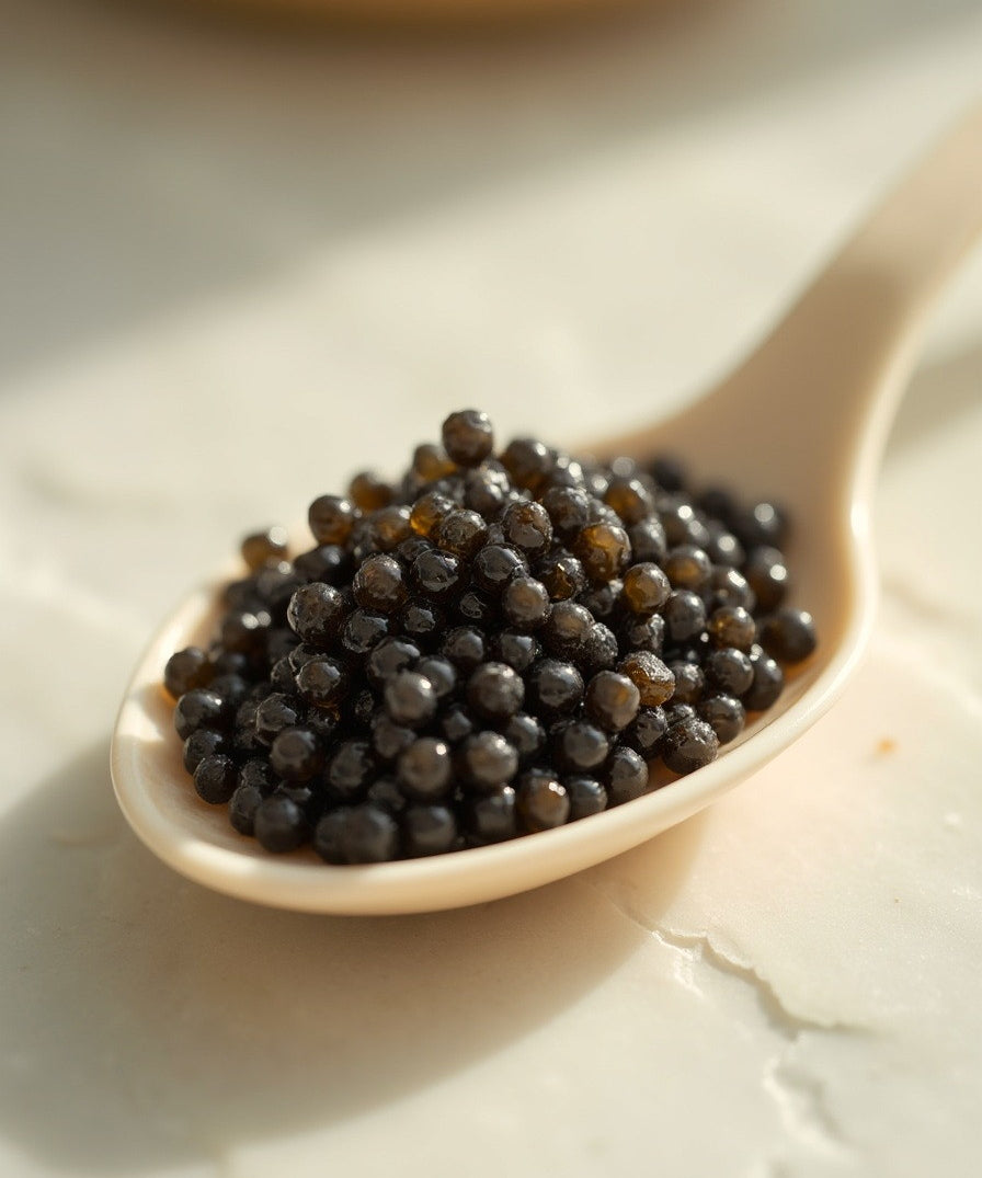 Fresh sturgeon caviar in a mother-of-pearl spoon on marble - ingredient in Caviar Gold Face Pack