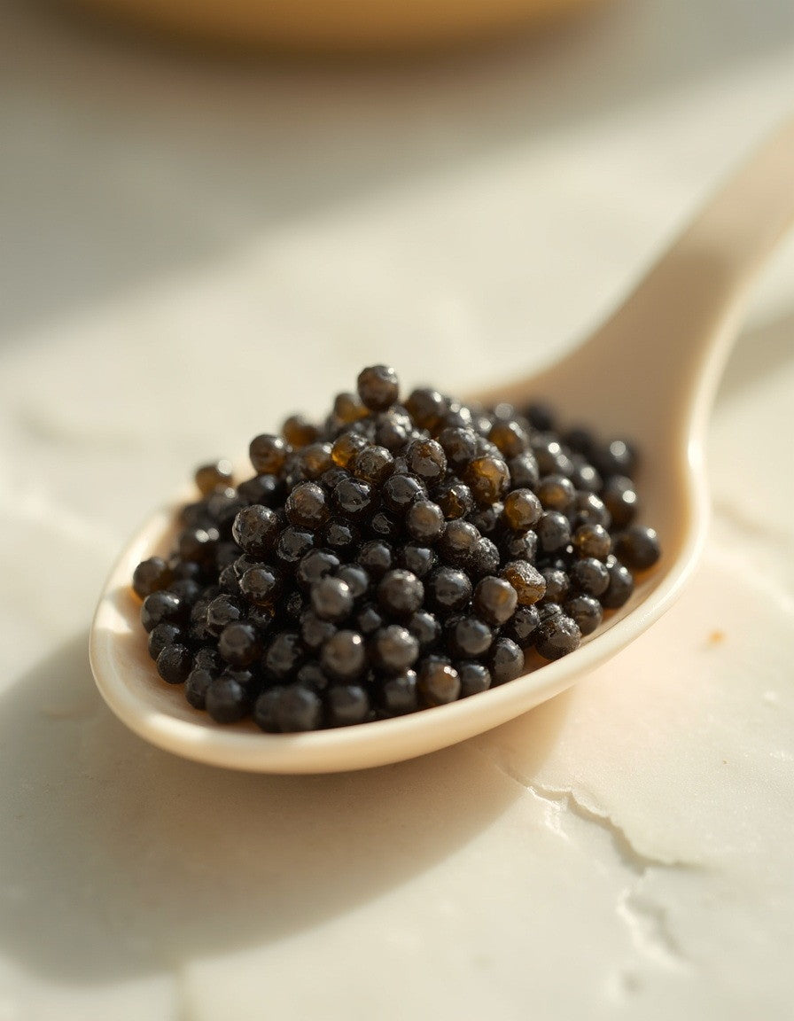 Fresh sturgeon caviar in a mother-of-pearl spoon on marble - ingredient in Caviar Gold Face Pack