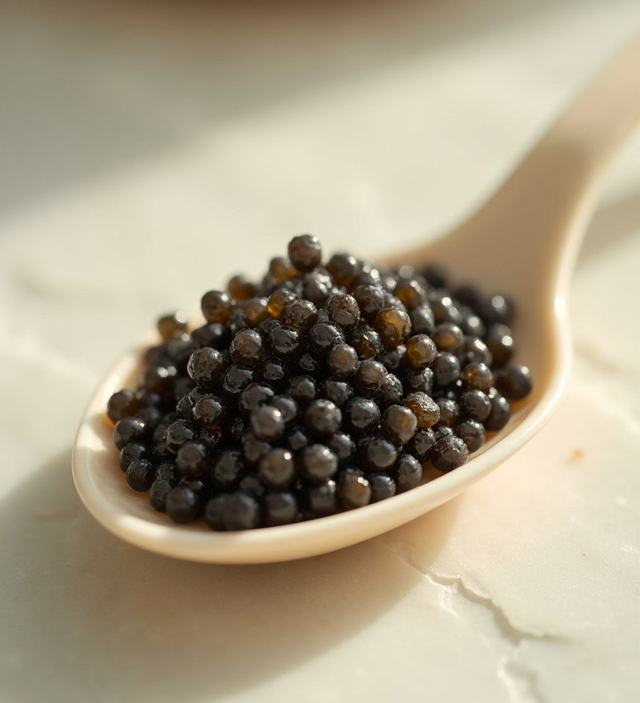 Fresh sturgeon caviar in a mother-of-pearl spoon on marble - ingredient in Caviar Gold Face Pack