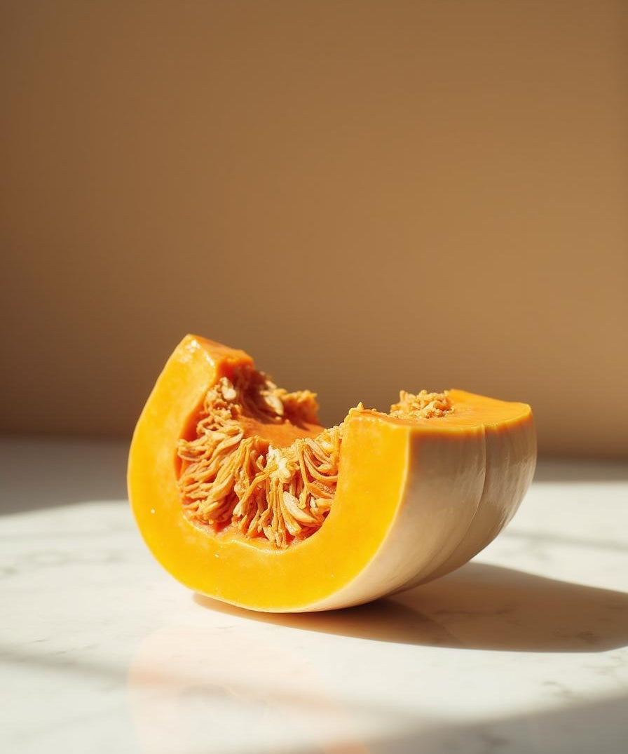 Fresh raw pumpkin wedge on marble - ingredient in Rose Pink Face Tightener