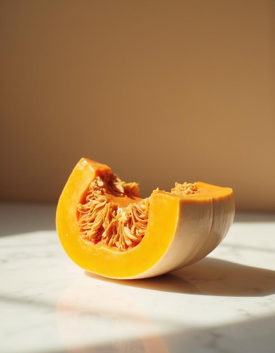 Fresh raw pumpkin wedge on marble - ingredient in Rose Pink Face Tightener