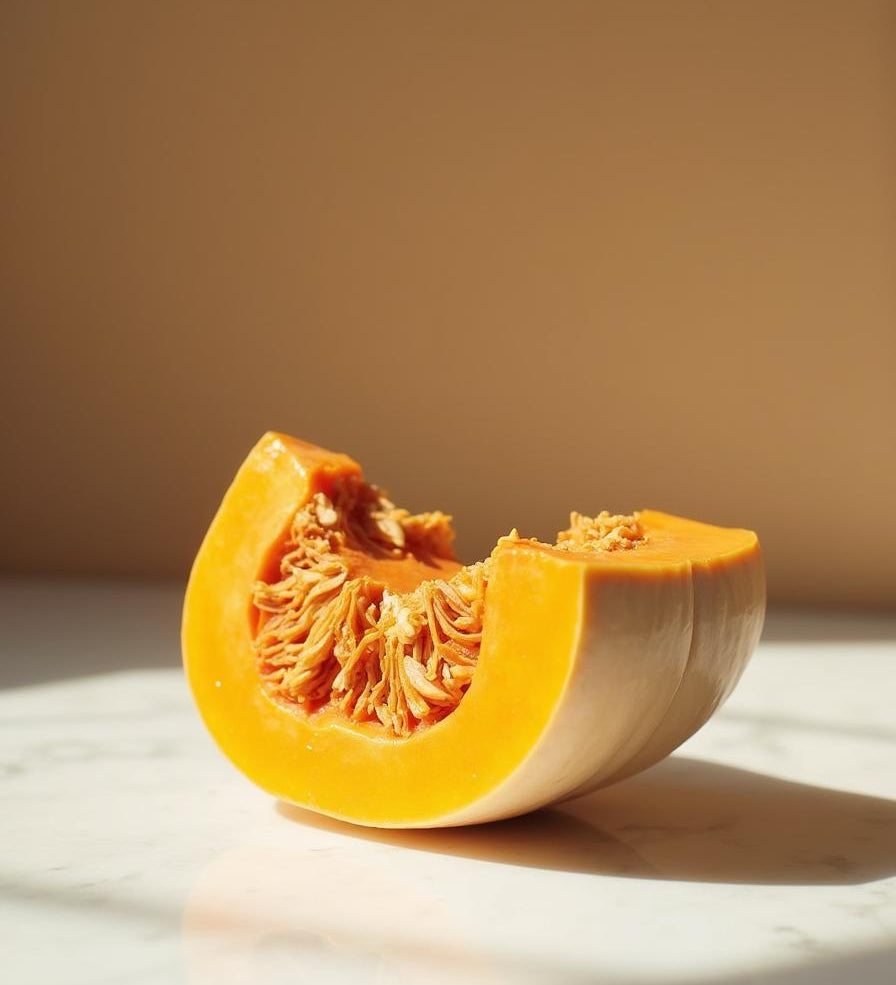 Fresh raw pumpkin wedge on marble - ingredient in Rose Pink Face Tightener