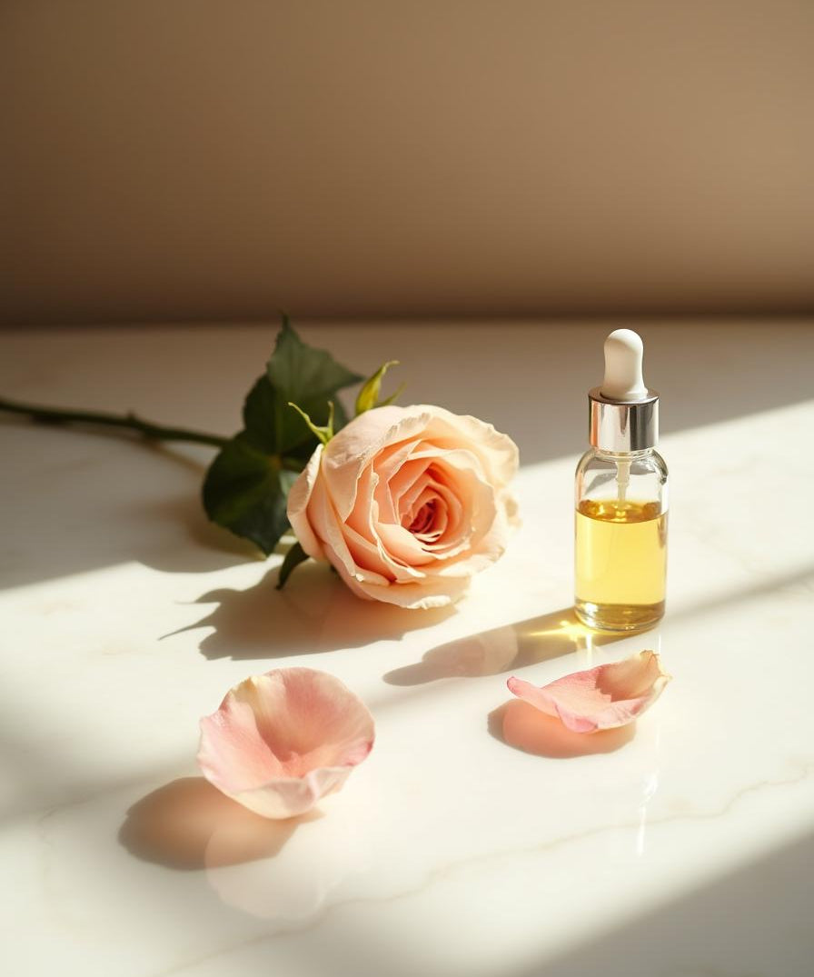 Damask rose and rosehip oil on marble - ingredient in Rose Pink Face Tightener