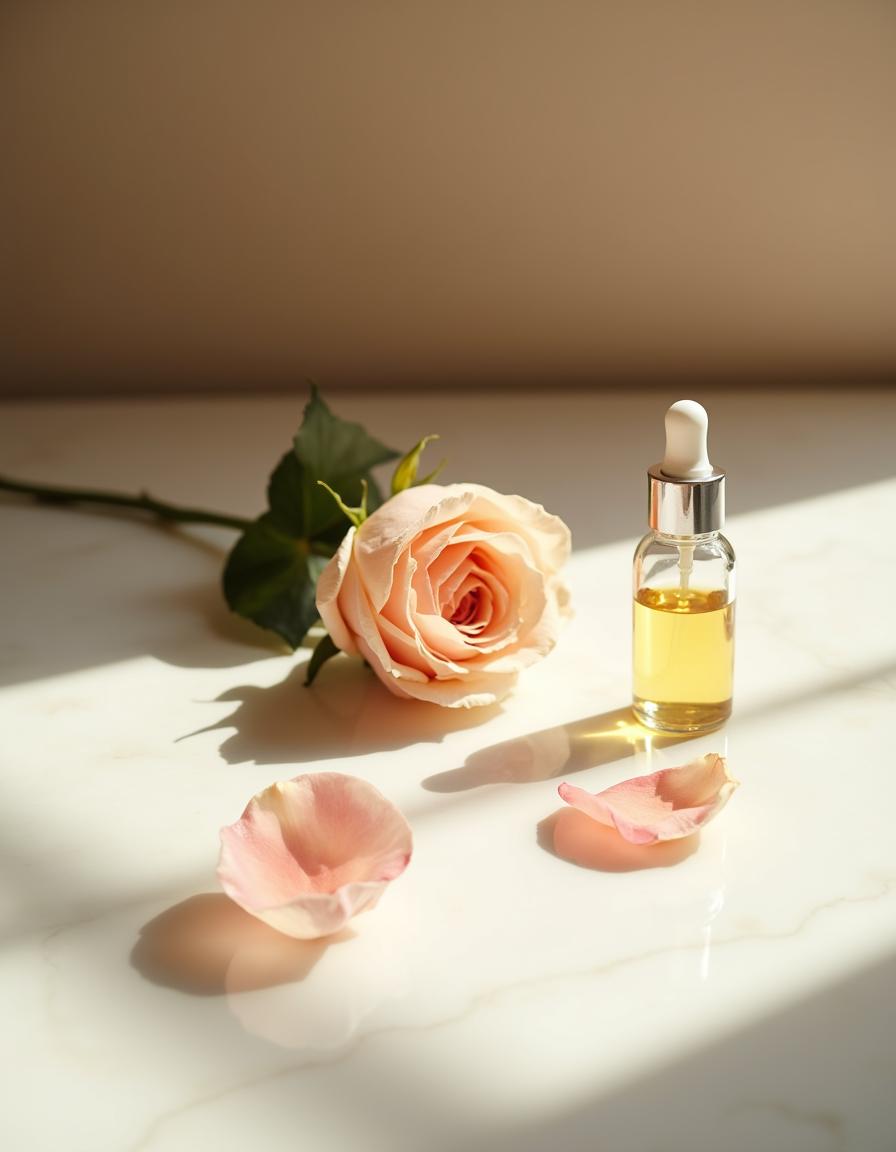 Damask rose and rosehip oil on marble - ingredient in Rose Pink Face Tightener