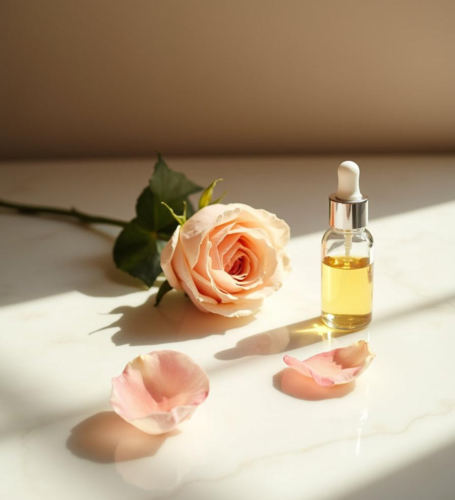Damask rose and rosehip oil on marble - ingredient in Rose Pink Face Tightener