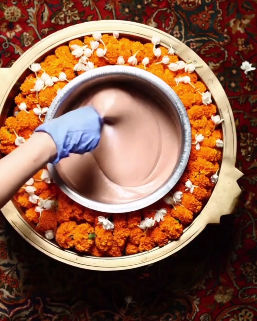 Gloved hand mixing an NB formula in a steel bowl