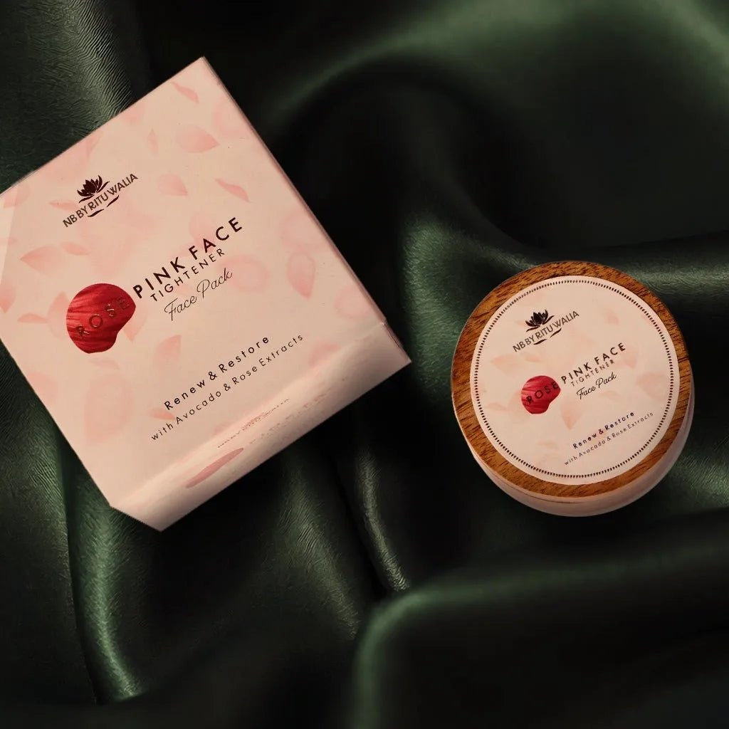 Rose Pink wooden jar with printed lid and carton on green fabric