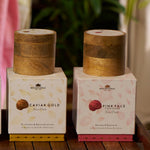Rose & Caviar Set — Rose Pink Face Tightener and The Caviar Gold Face Pack in their boxes, mango-wood jars above