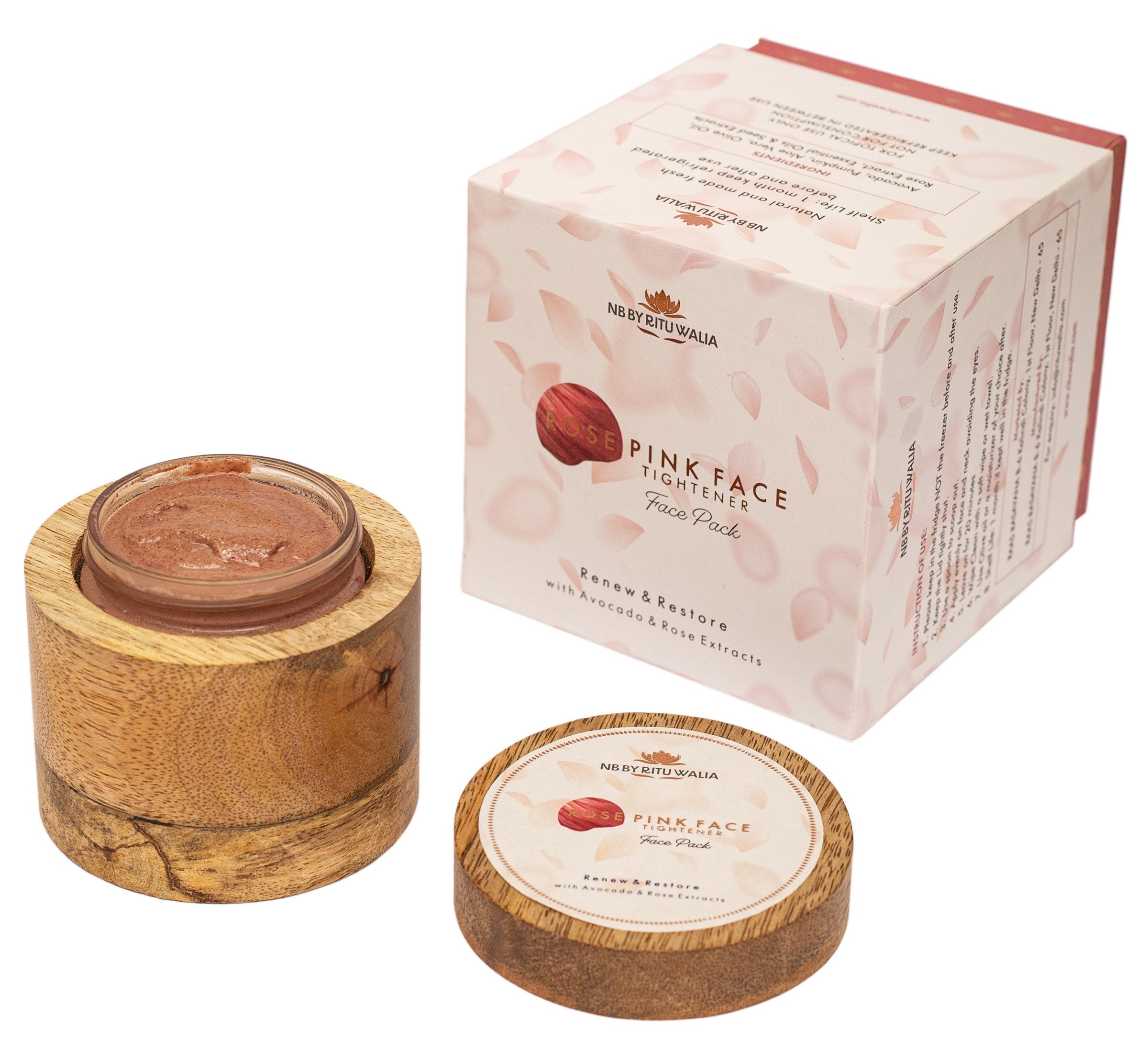 Rose Pink Face Tightener open in its mango-wood vessel beside its box, showing the rose-toned texture