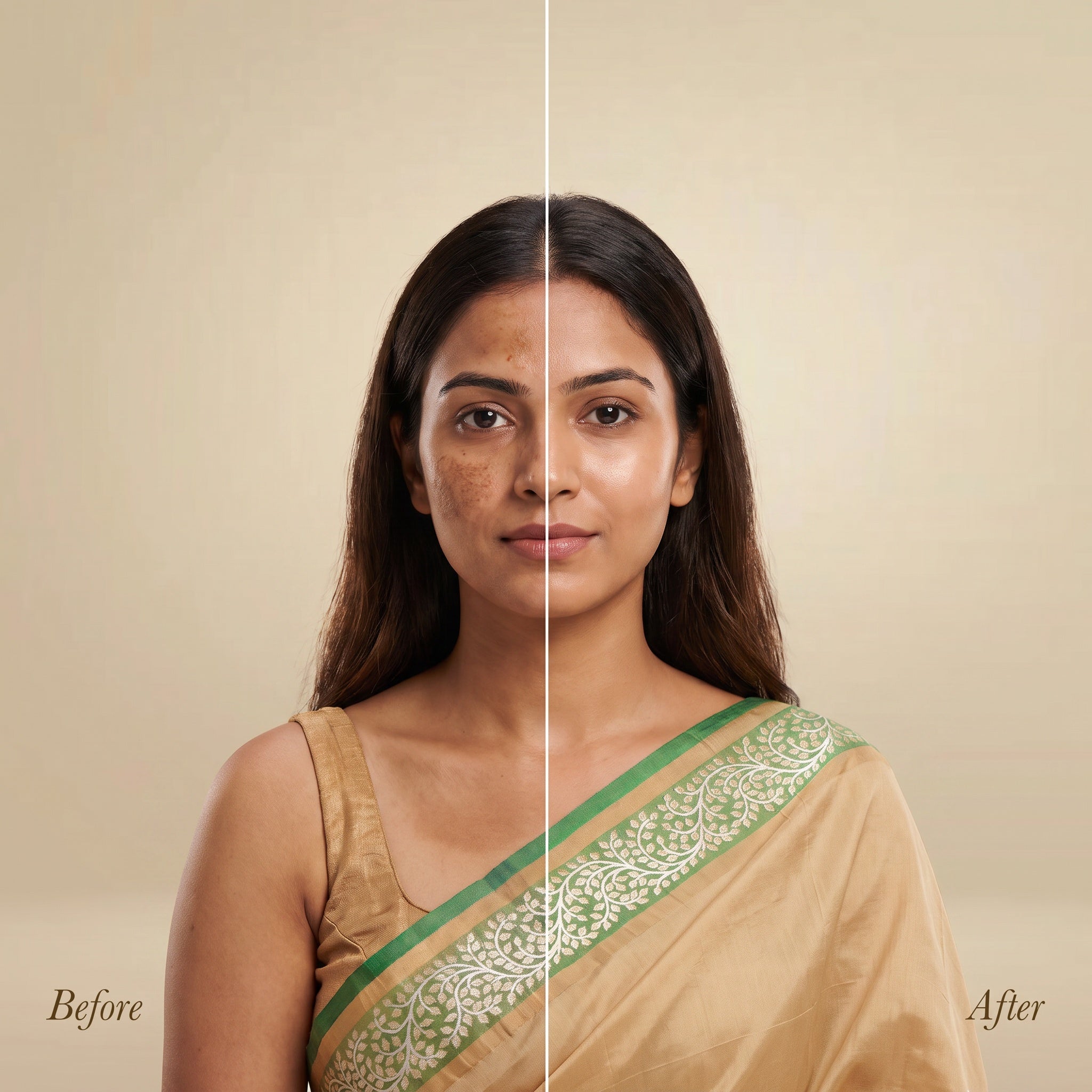 Diamond Shine Face Brightener — before and after: tan and dark pigmentation patches faded to an even tone | NB by Ritu Walia